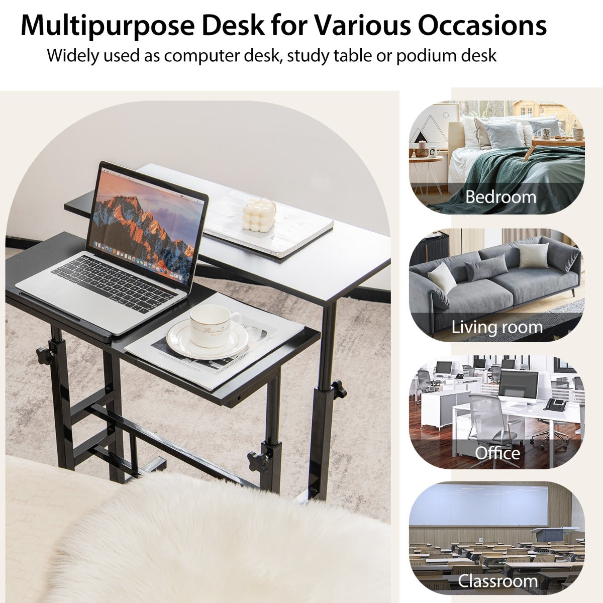 NNECW Mobile Stand up Computer Desk with 2 Tilting Desktops for Office Walnut