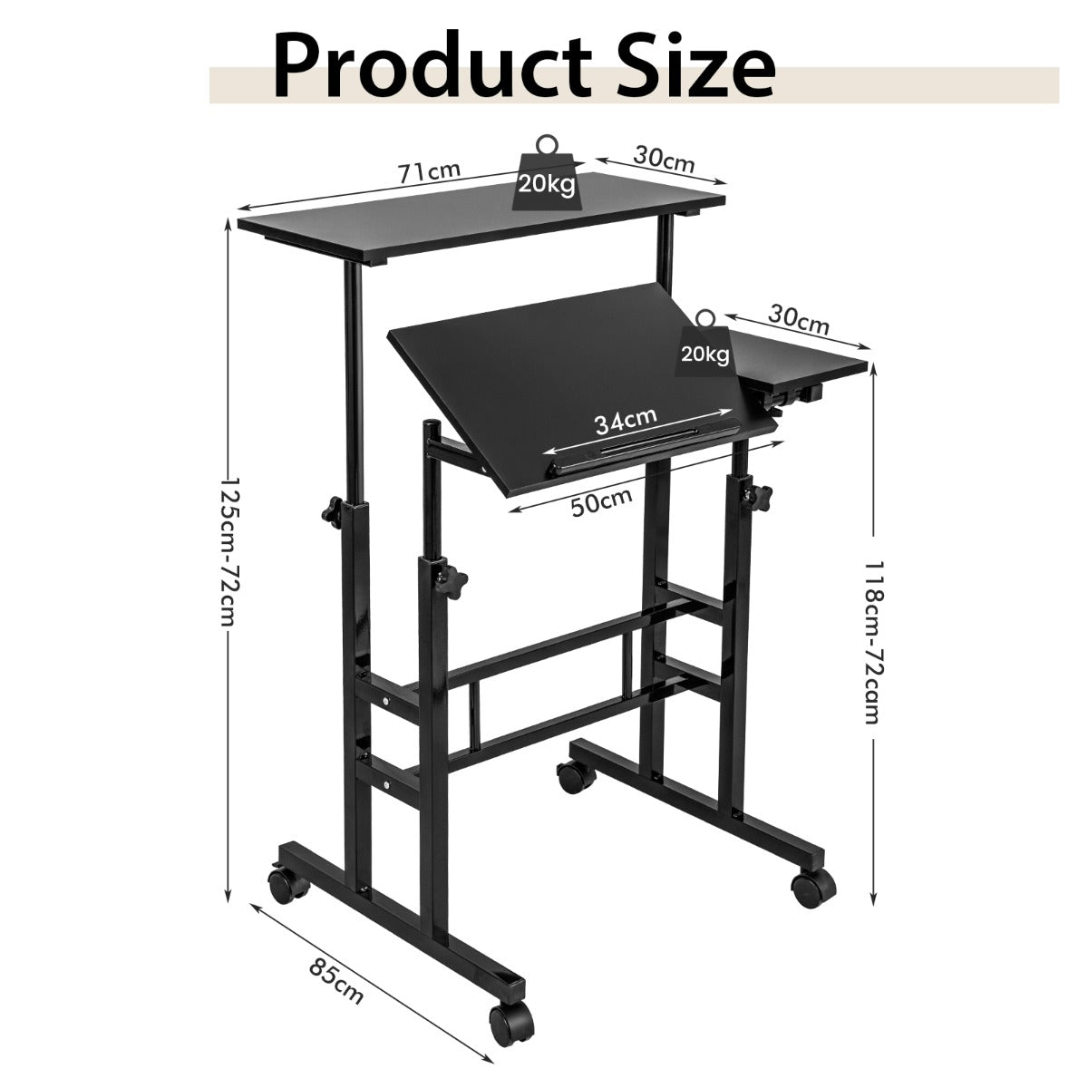 NNECW Mobile Stand up Computer Desk with 2 Tilting Desktops for Office Walnut