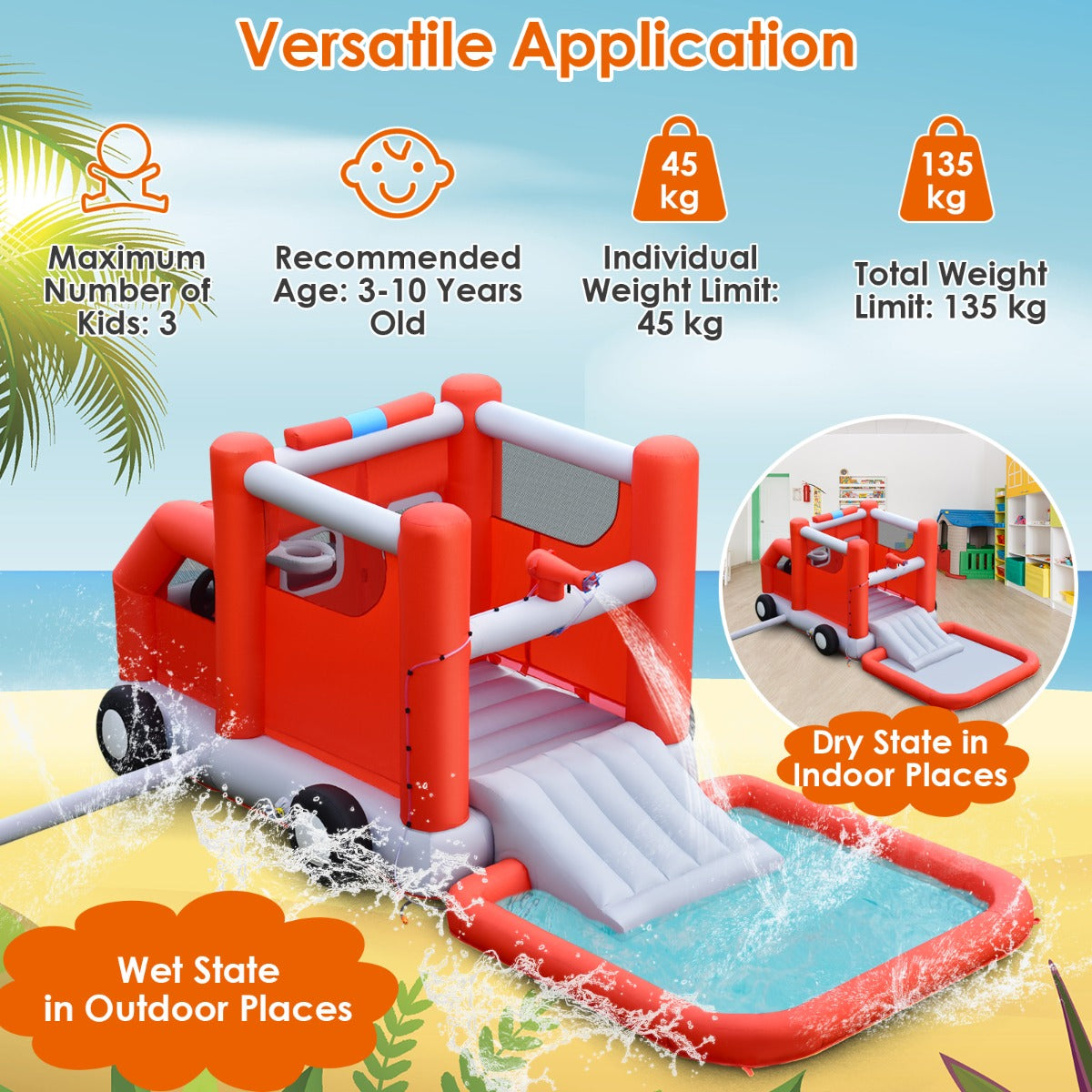NNECW Firefighting-Themed Kids Water Slide with Splash Pool without Blower